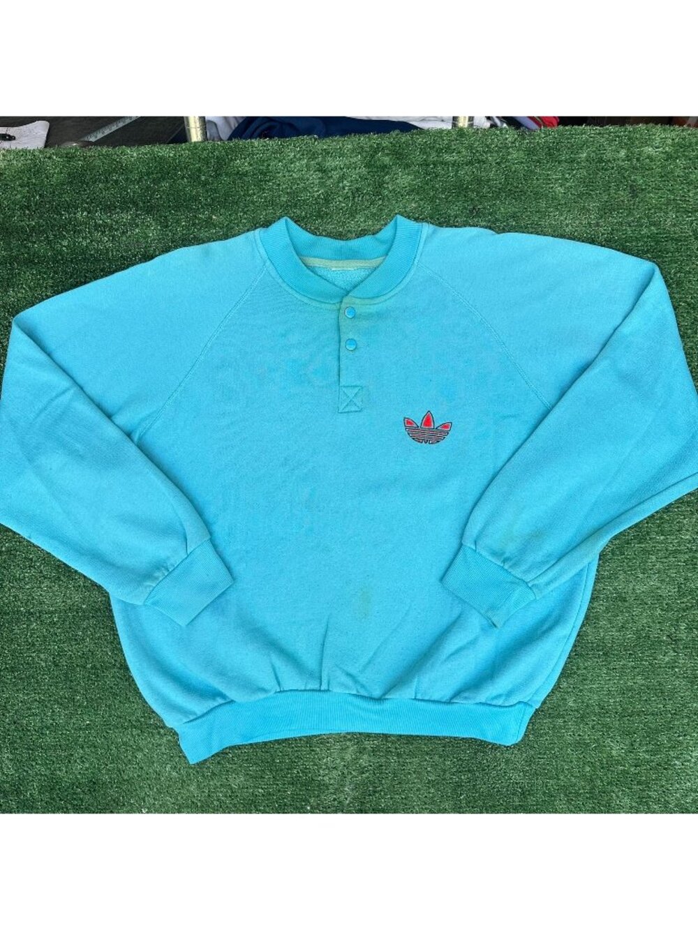 Vintage 80s Adidas Trefoil Henley Sweatshirt Cyan Blue XL Athleisure Streetwear